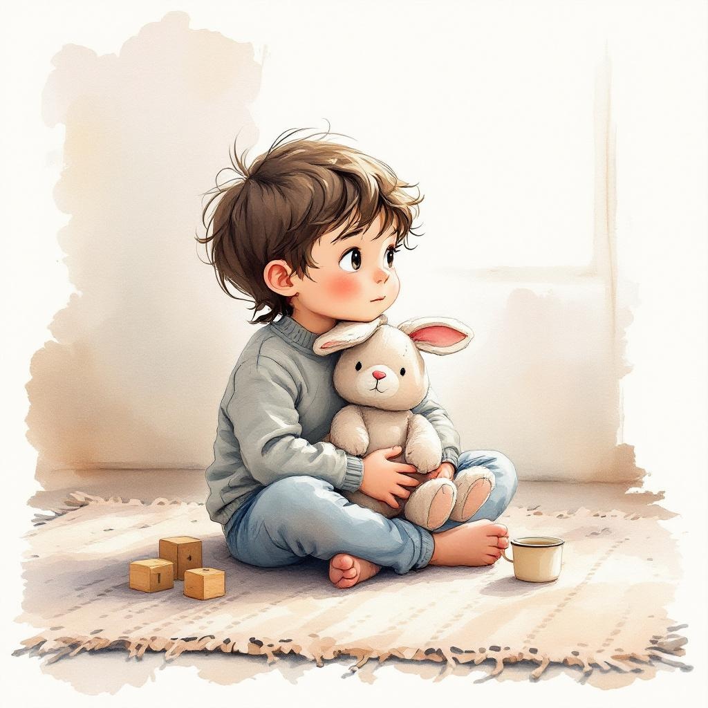 Aquarel van een kind met een knuffelkonijn op schoot